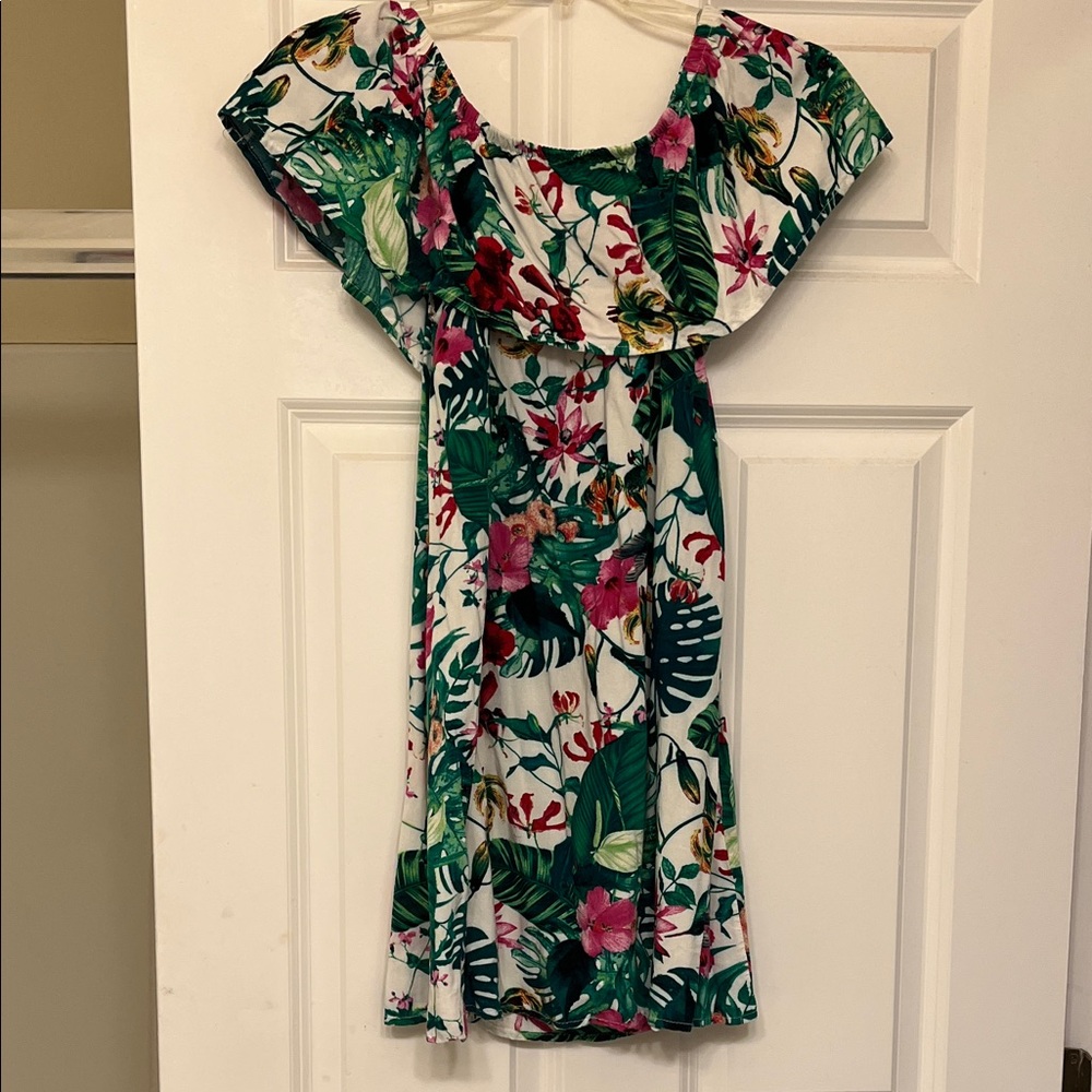 Iris Tropical Print Dress with Green and Red Accents
